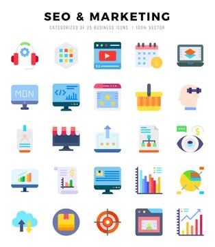 Set of simple Flat SEO &amp; MARKETING Icons. Flat art icons pack. Vector illus.. Stockillustratie