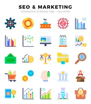 Set of simple Flat SEO &amp; MARKETING Icons. Flat art icons pack. Vector illus.. Stock Illustration