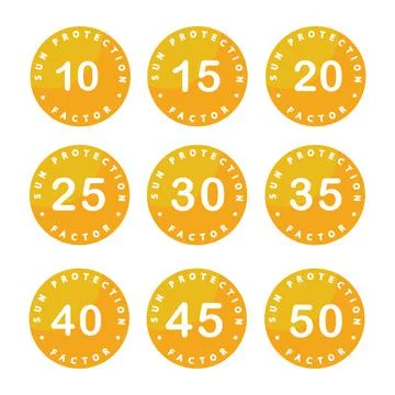 Set of simple flat SPF sun protection icons for sunscreen packaging. Stock Illustration
