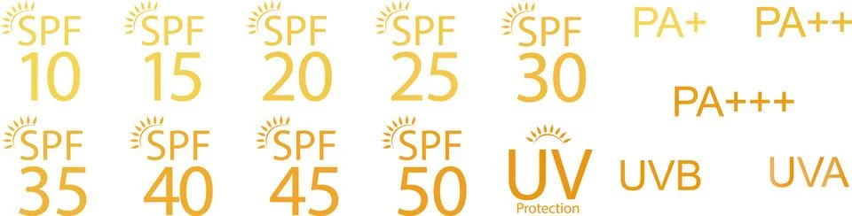 Set of simple flat SPF sun protection icons for sunscreen packaging. UV Stock Illustration