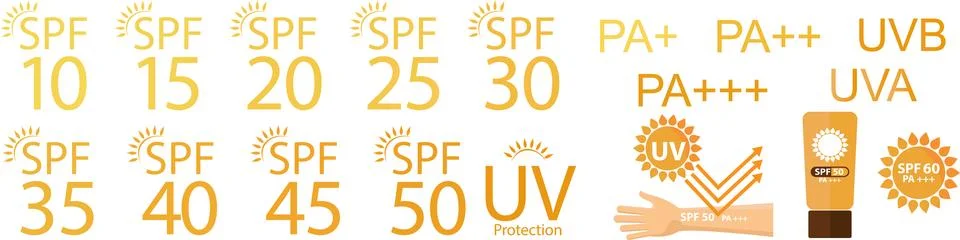 Set of simple flat SPF sun protection icons for sunscreen packaging. UV Stock Illustration