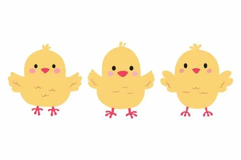 Set of simple flat vector illustrations. Three cute yellow chickens on a white Stock Illustration