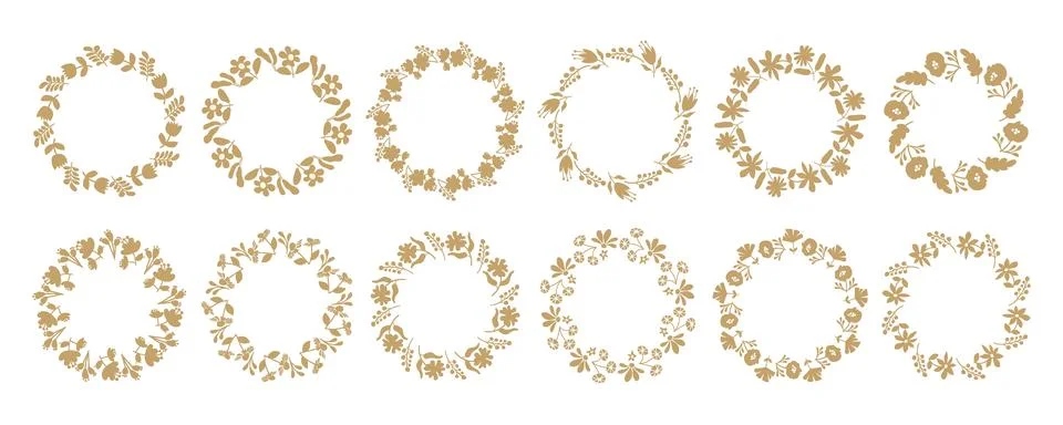 Set of simple floral circle frames. Hand drawn botanical wreaths featuring .. Ilustração Stock