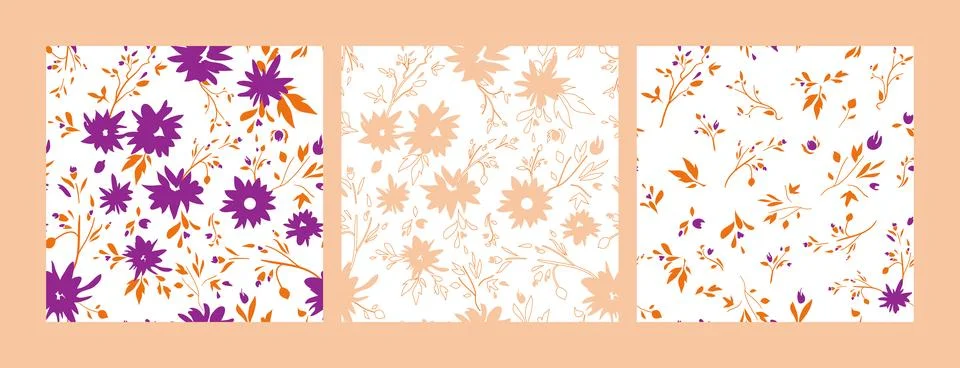 Set of simple floral seamless patterns. A collection of purple-orange Stock Illustration