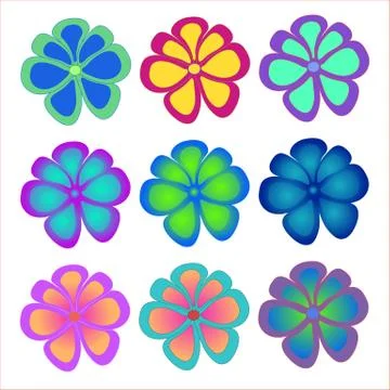 Set of simple flowers in different gradient colors. Trendy colors. Blooming b Stock Illustration