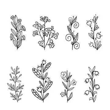 Set of simple flowers, grass, twigs. Stock Illustration