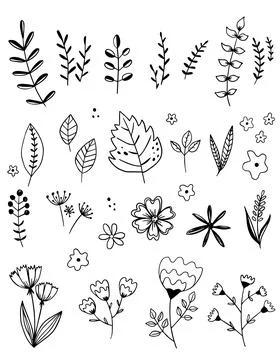 Set of simple flowers, grass, twigs. Stock Illustration