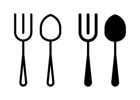Set of Simple Fork and Spoon Line Art Illustrations in Black and White Stock Illustration