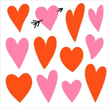 Set of simple freehand doodle red heart shapes. Hand drawn vector design Stock Illustration