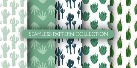 Set of simple geometric cactus seamless pattern. Collection cacti exotic sket Stock Illustration
