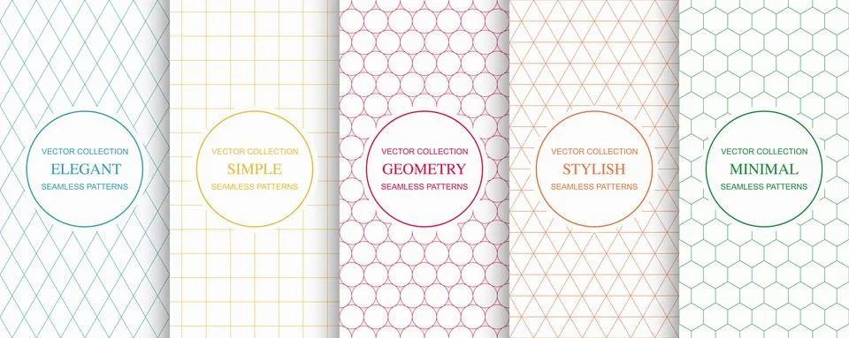 Set of simple geometric seamless vector patterns - outline color textures. White 库存插图