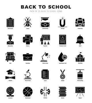 Set of simple Glyph Back To School Icons. Glyph art icons pack. Ilustración de archivo