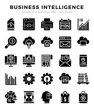 Set of simple Glyph Business Intelligence Icons. Glyph art icons pack. Stock Illustration