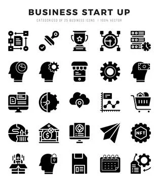 Set of simple Glyph Business Start Up Icons. Glyph art icons pack. Stock Illustration