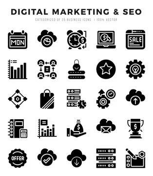 Set of simple Glyph Digital Marketing &amp; SEO Icons. Glyph art icons pack. Stock Illustration