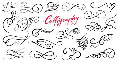 Set of simple Hand-drawn calligraphy flourishes and swirls. Dividers and curls Stock Illustration