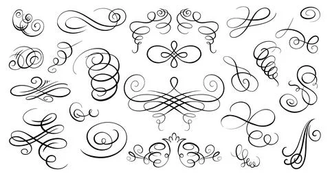 Set of simple Hand-drawn calligraphy flourishes and swirls. Dividers and curls Stock Illustration