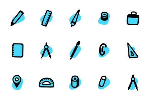 This set of simple, hand-drawn icons depicts various school supplies Stock Illustration