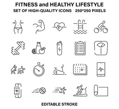 A set of simple but high-quality icons about fitness and a healthy lifestyle Stock Illustration