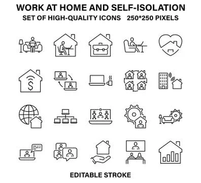 A set of simple but high-quality linear icons for working from home and self Stock Illustration