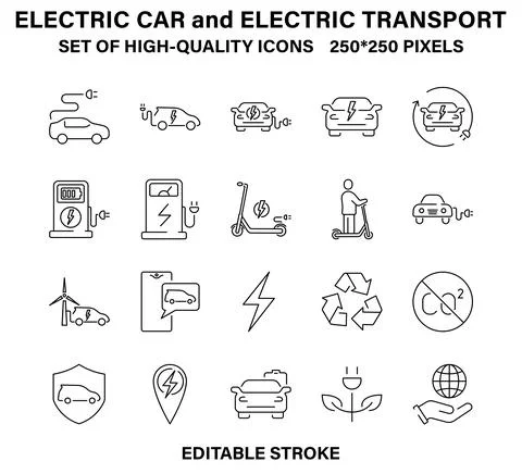 A set of simple, high-quality linear icons about electric cars and electric Stock Illustration