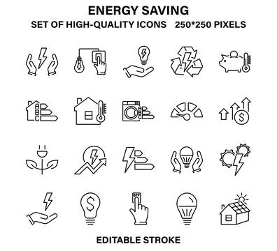 A set of simple but high-quality linear icons about saving electricity. Stock Illustration