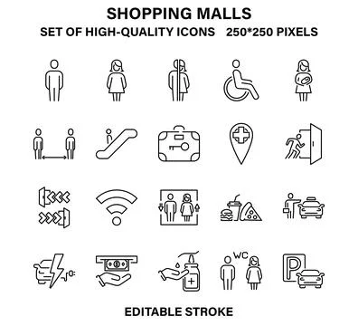 A set of simple, high-quality linear icons for shopping malls, stations Stock Illustration