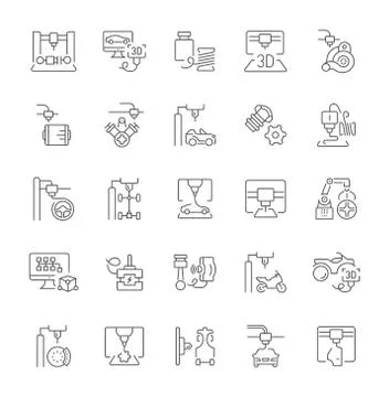 Set of Simple Icons of 3D Cars Printing. Stock Illustration