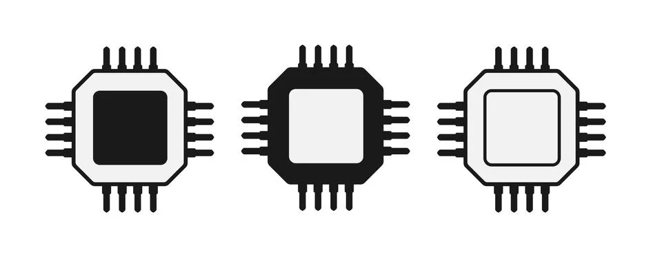 Set of simple icons of microchips or processors. Filled silhouette. Stock Illustration