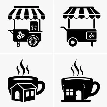 This set of simple icons shows coffee carts with awnings, and coffee cups wit Stock Illustration
