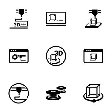 Set of simple icons on a theme 3D Printing, vector, design, collection, flat, 스톡 일러스트
