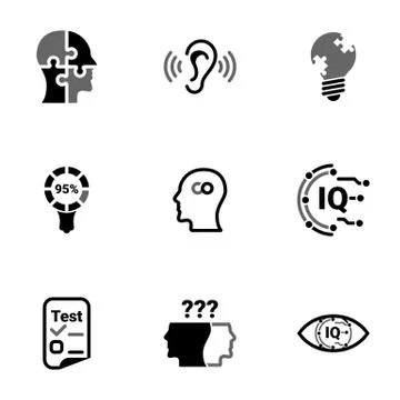 Set of simple icons on a theme Intellect, research, mind, brain, person, vect Stock Illustration