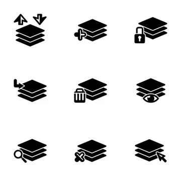 Set of simple icons on a theme Layer, work with layers, vector, set. White ba Stock Illustration