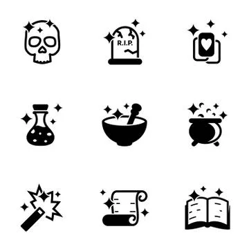 Set of simple icons on a theme Magic, Magician, Magic , vector, set. White ba Stock Illustration