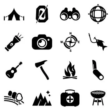 Set of simple icons on a theme summer camping, travel, vector, design, collec Stock Illustration