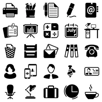 Set of simple icons on a theme workspace,time, Graph, working, table, busines Illustrazione stock