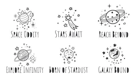 Set of simple illustrations with space themed lettering Illustrazione stock