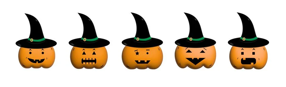 Set of simple kids 3d fun colored cartoon pumpkins for Halloween with differe Stock Illustration