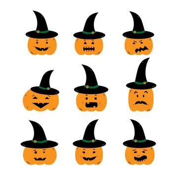 Set of simple kids fun colored cartoon pumpkins for Halloween with different  Stock Illustration