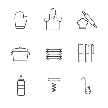 Set of Simple kitchen utensils icon in trendy line style isolated on white ba Stockillustratie