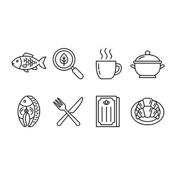 Set of simple line art icons for food and drink. Features fish, steak, magnif Stock Illustration