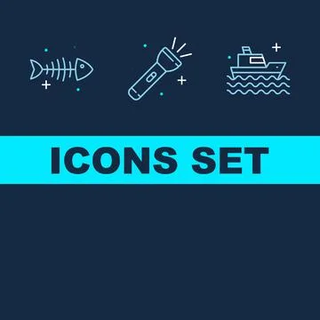 Set of simple line icons featuring a fish skeleton, a flashlight, and a boa.. 스톡 일러스트