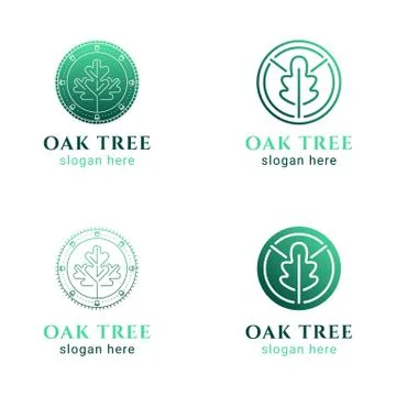 Set of simple line icons,Round circle Oak Tree leaf symbol emblem logo,ecolog Stock Illustration