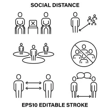 A set of simple linear icons for maintaining social distance in public places. Stock Illustration