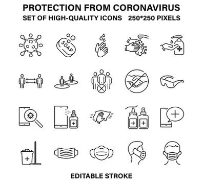A set of simple linear icons for protection and prevention from coronavirus Stock Illustration
