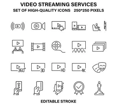 A set of simple linear icons for streaming video services and online cinemas. Stock Illustration