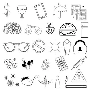 Set of simple linear icons without filling. Badges on the topic of addiction Stock Illustration