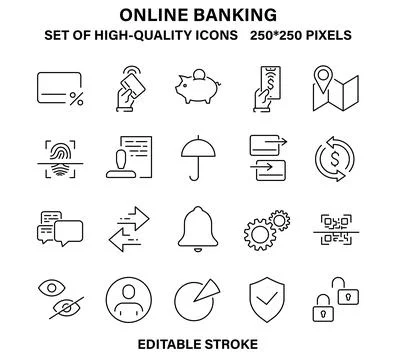 A set of simple linear online banking icons for applications Stock Illustration