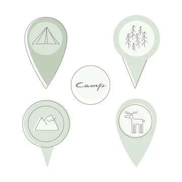 Set of simple map pointer, location icon with line illustration about camp Stock Illustration