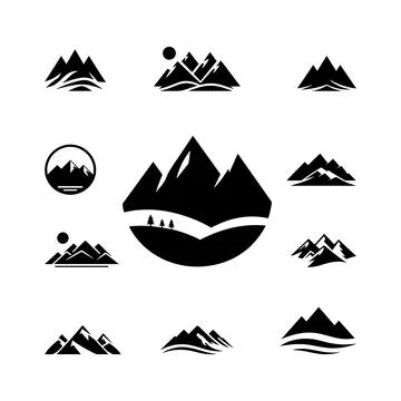 A set of simple, minimalist representation of a mountain range in black sil.. Stock Photos